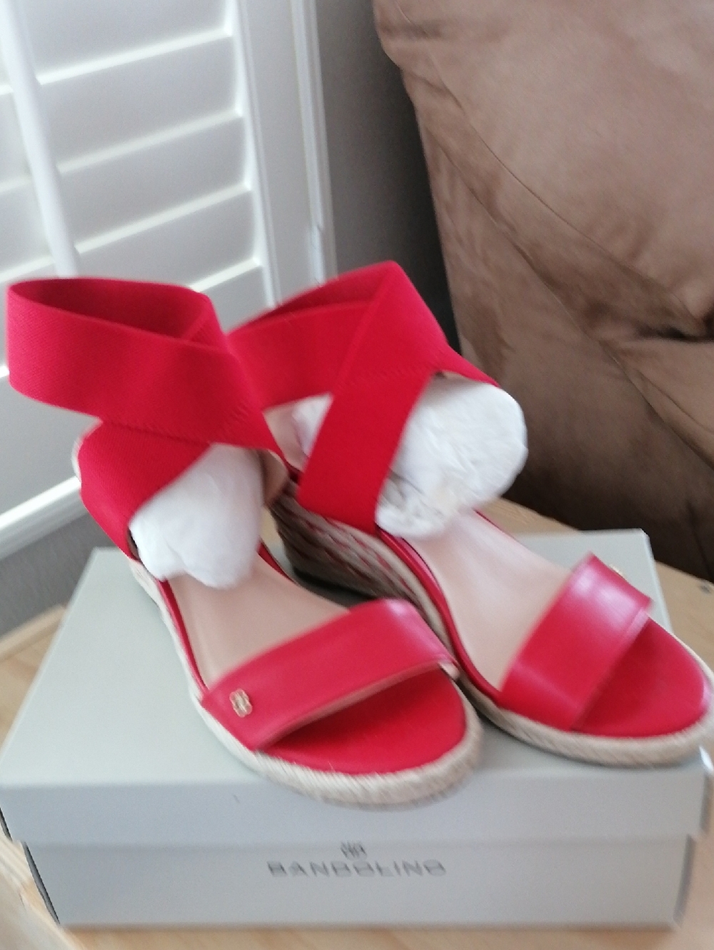 Bandalino Bright Red Espadrille Wedge Sandals with Cross-Strap Ankle Wrap.